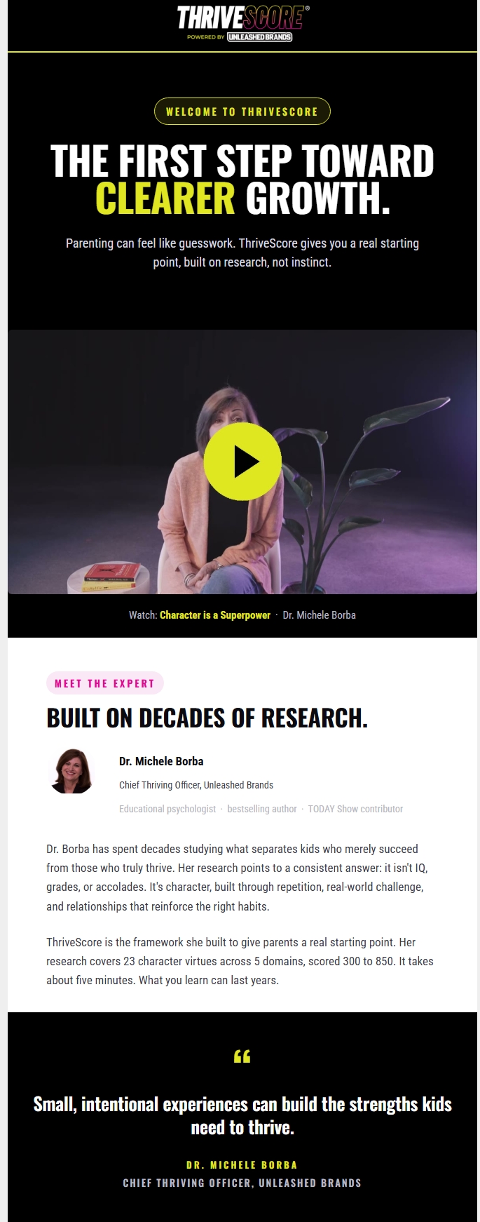 Post ThriveScore email one: welcome and Dr. Borba